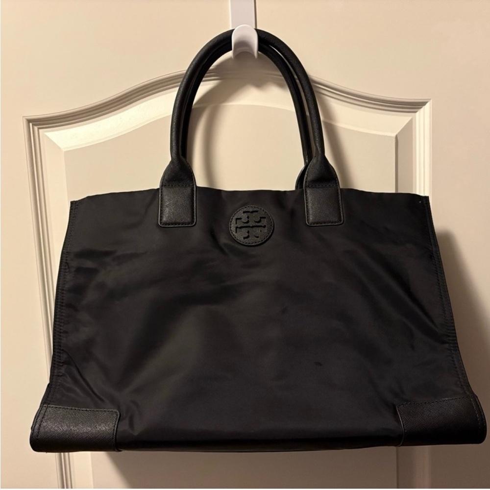 Tory Burch Ella Medium Nylon Black Tote Bag with Logo